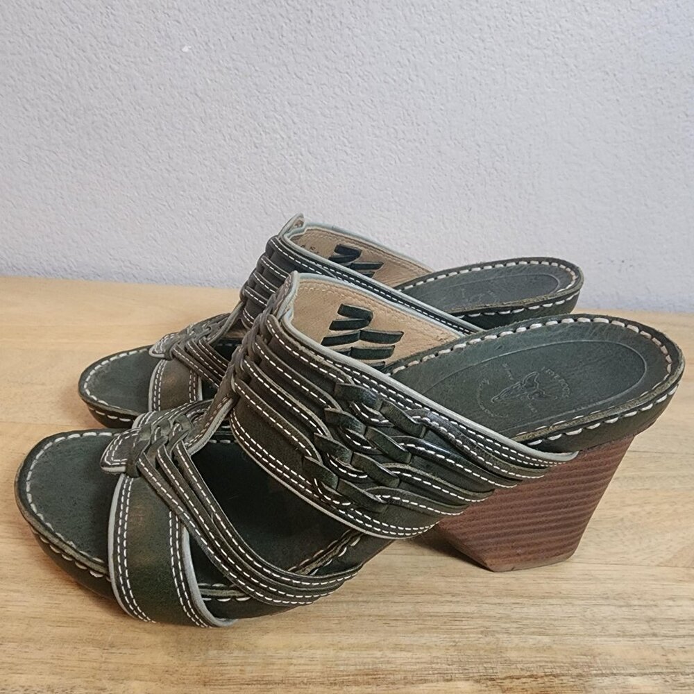 Frye Sandals Womens Size 7 Green Leather Woven Slide Mule High Heels 73370 - Picture 5 of 12